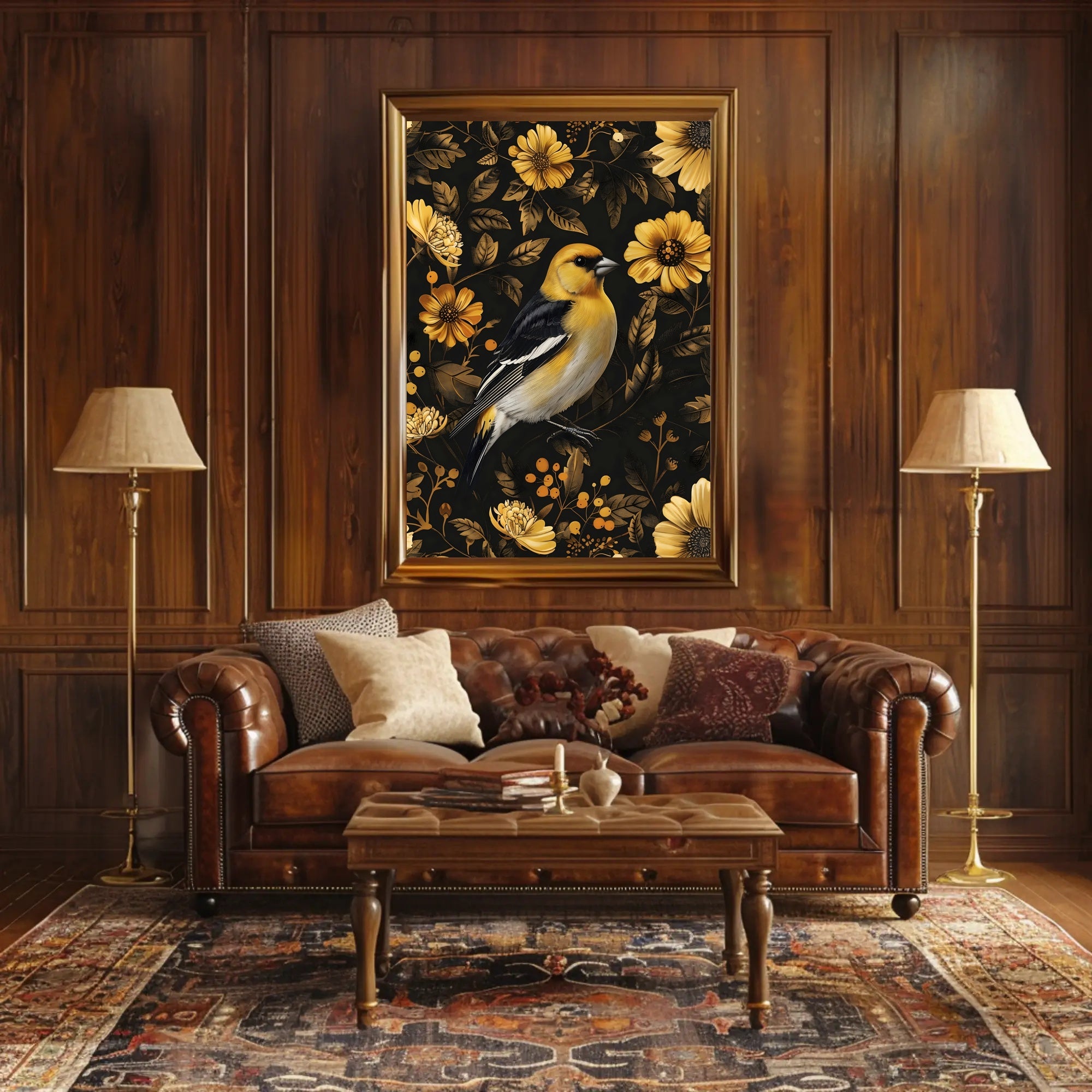 Elegant Yellow Bird Perched Among Flowers Animal Poster