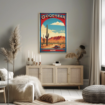 Goodyear Arizona Desert Roadster Mountains Vintage Travel Poster