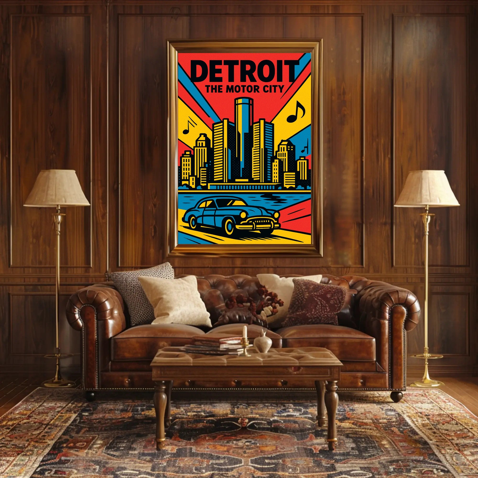 Detroit Skyline Classic Car Vibrant Urban Cityscape Poster