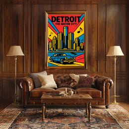 Detroit Skyline Classic Car Vibrant Urban Cityscape Poster