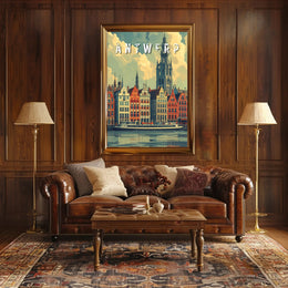 Antwerp cityscape illustration with vintage flair: Urban or Cityscape Poster