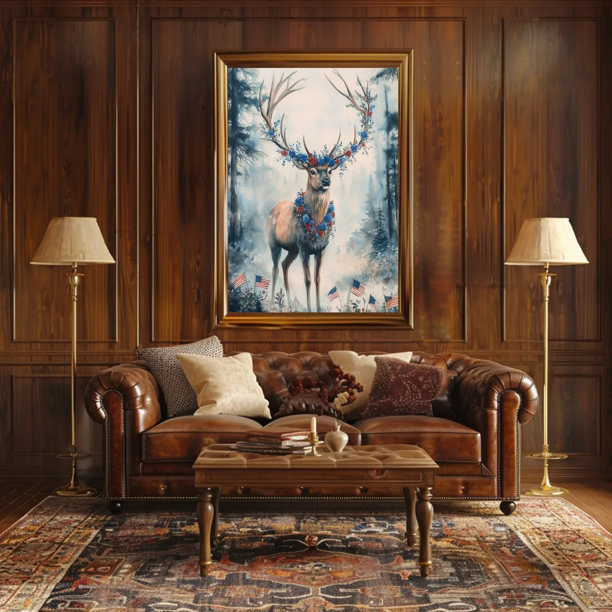 Deer With Antlers Adorned In Blue And Red Garland Poster