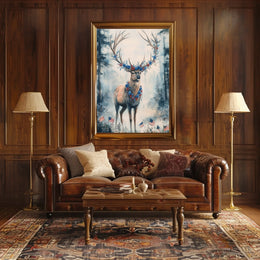 Deer With Antlers Adorned In Blue And Red Garland Poster