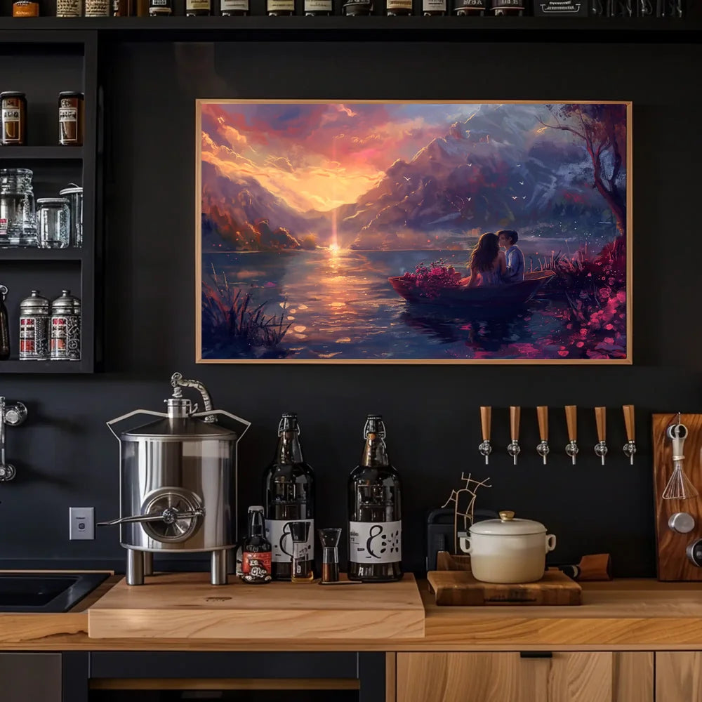 Romantic Sunset Lake Scene: Love in Bloom Poster