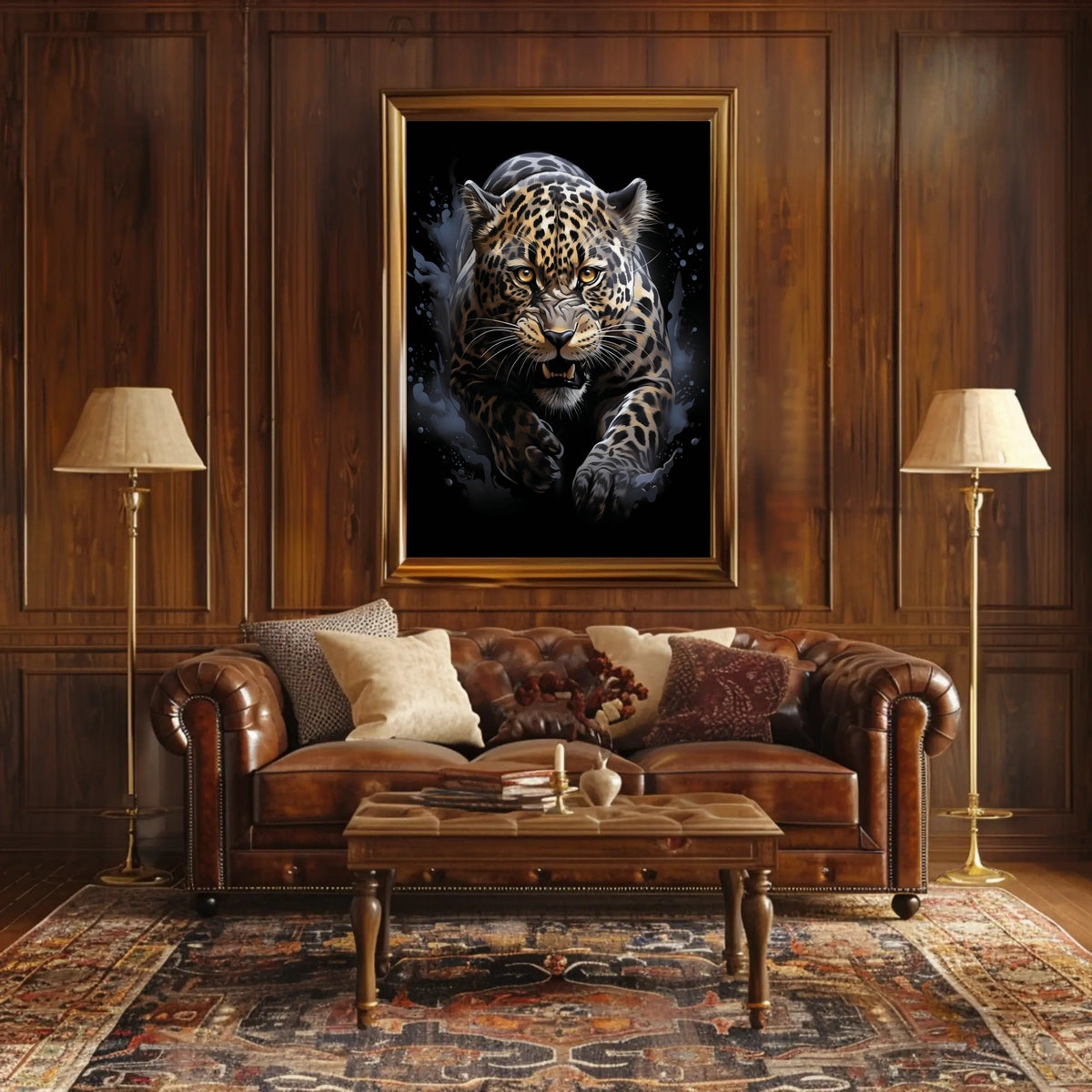 The poster features a dynamic and intense depiction of a leopard in mid-pounce. Travel Poster