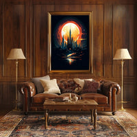 Futuristic Cityscape Under a Full Moon Poster