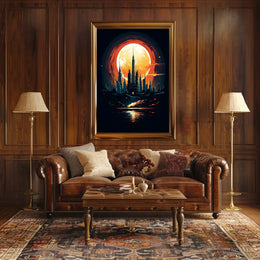 Futuristic Cityscape Under a Full Moon Poster
