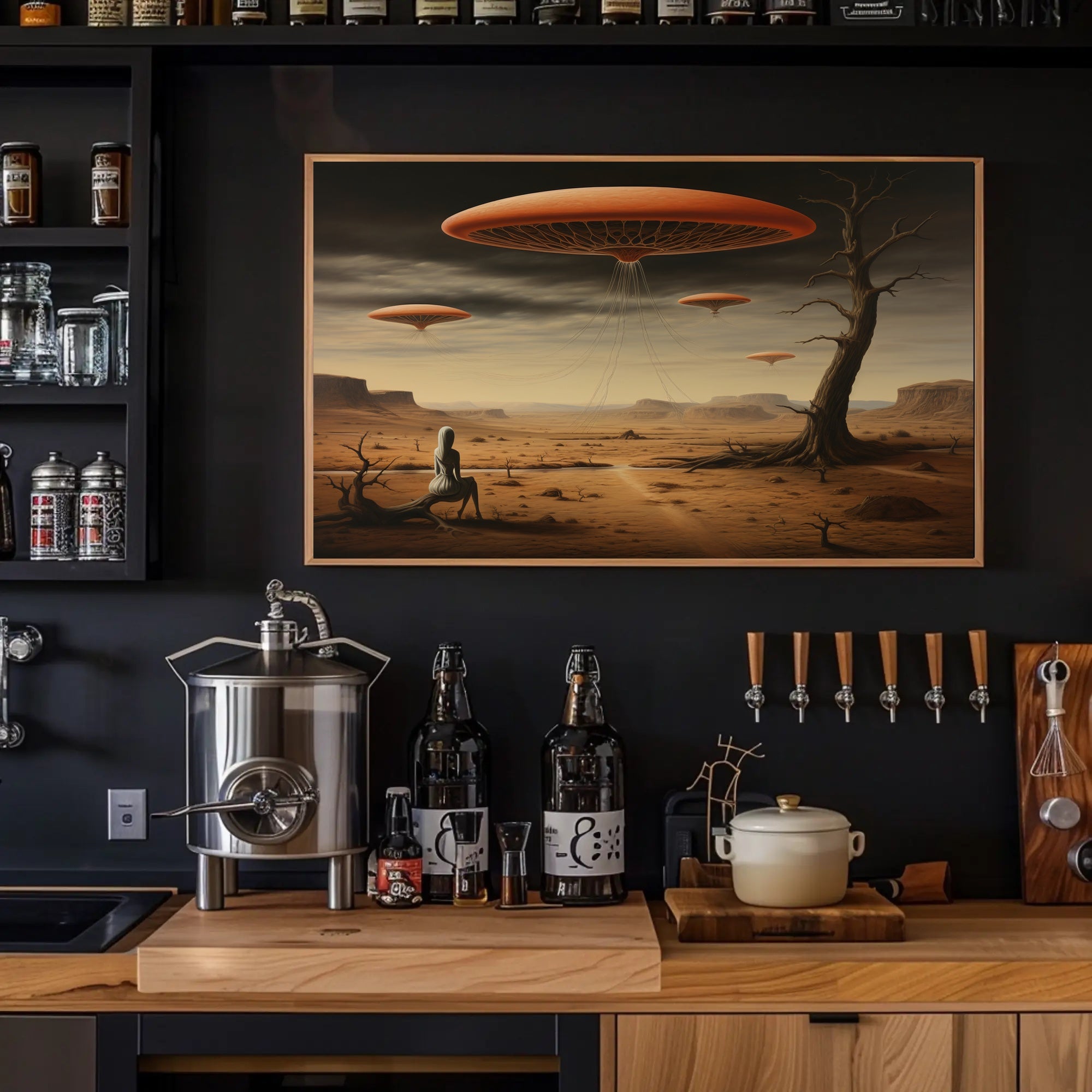 Surreal Hovering Discs in Futuristic Sci-Fi Poster