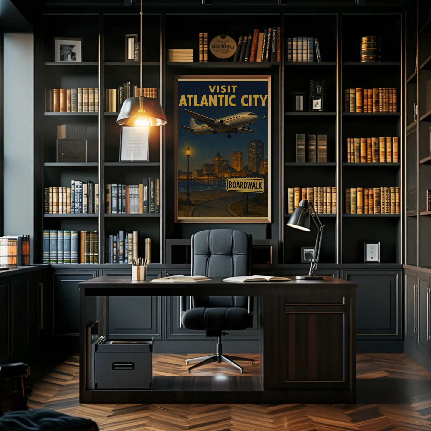 Visit Atlantic City Boardwalk Night Plane Arrival Travel Poster