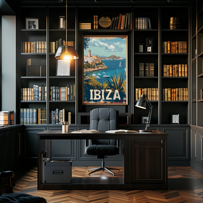 Ibiza Cliffside Town and Sailing Bay Travel Poster