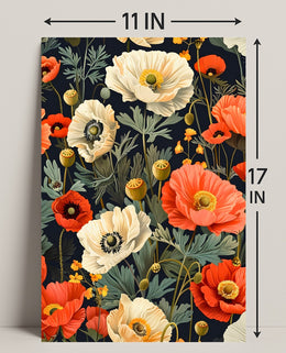 Lush Botanical Garden Scene with Poppies Artistic Poster