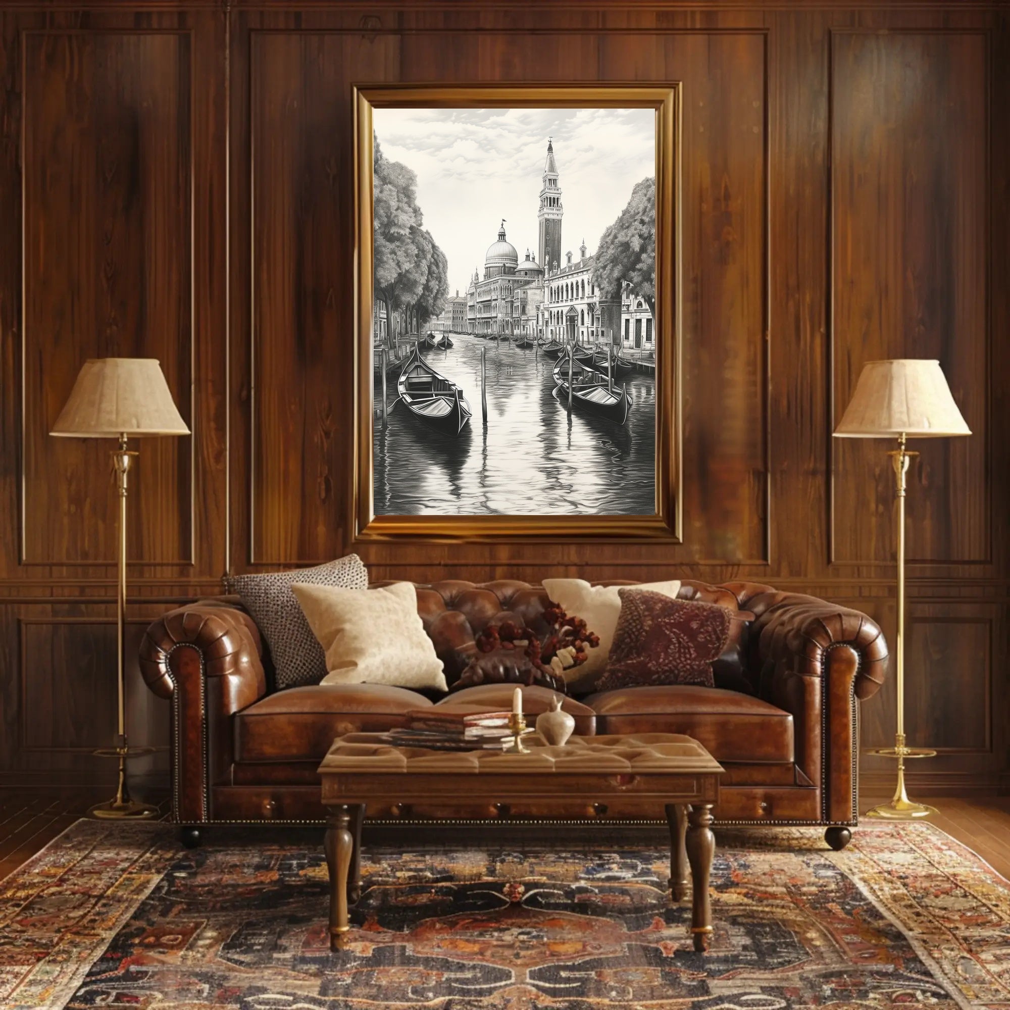 Venetian Canal Scene Monochrome Cultural or Heritage Poster