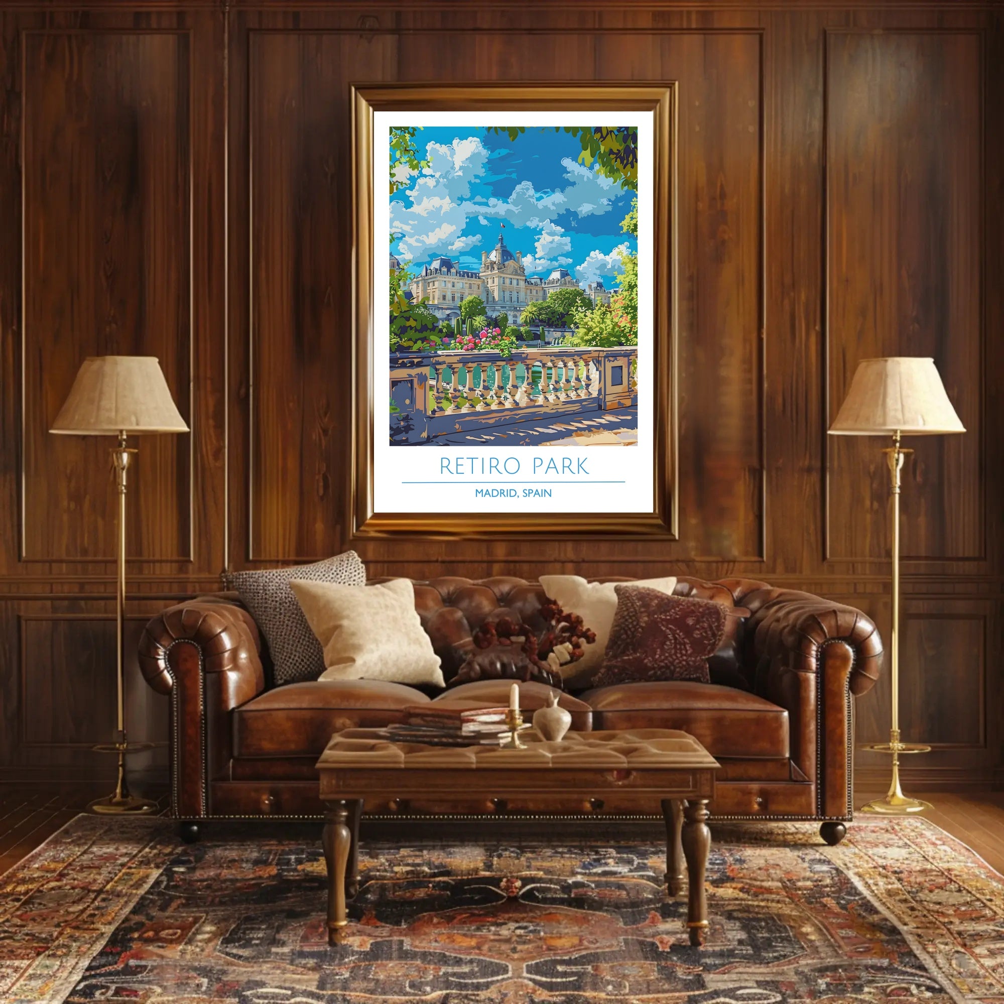 Retiro Park in Madrid vibrant travel illustration poster