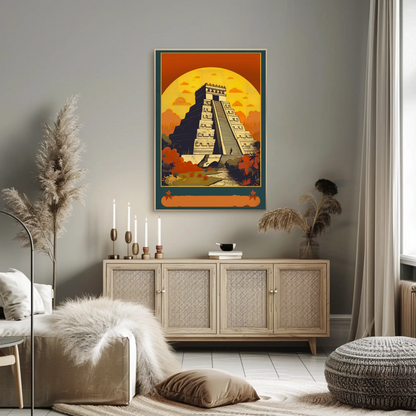Mexico Chichen Itza Pyramid Sunset Vintage Travel Poster