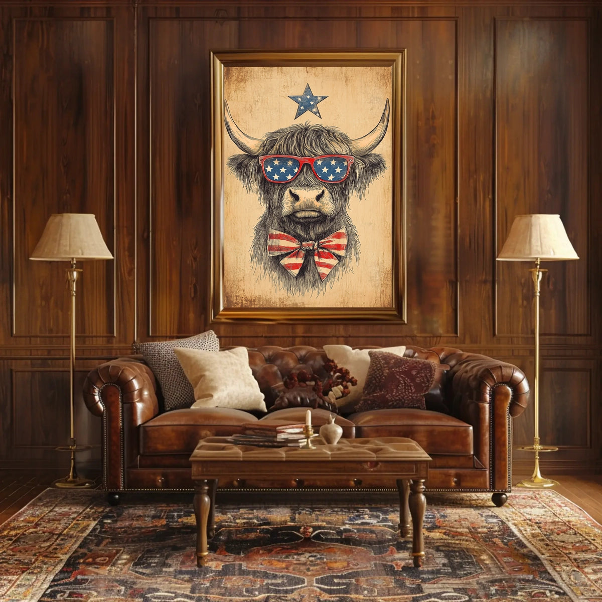 Highland Cow With Stars Sunglasses Americana Poster