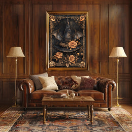 The poster features a central image of a witch's hat adorned with roses. Travel Poster