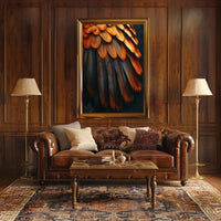 Vibrant Bird Feather Art: Orange and Black Elegance PosterGoat