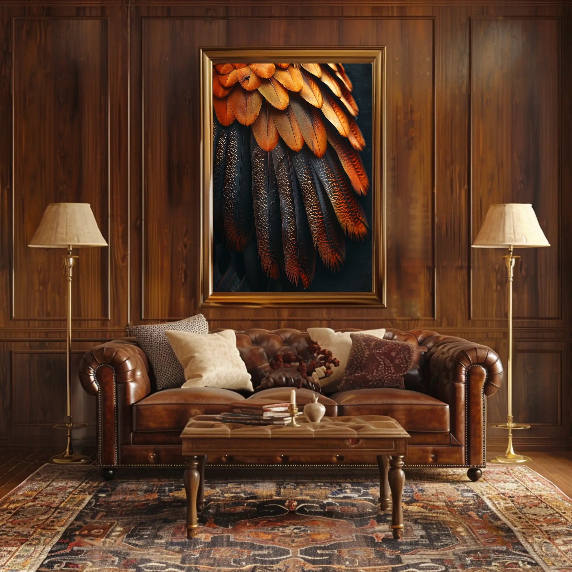 Vibrant Bird Feather Art: Orange and Black Elegance PosterGoat