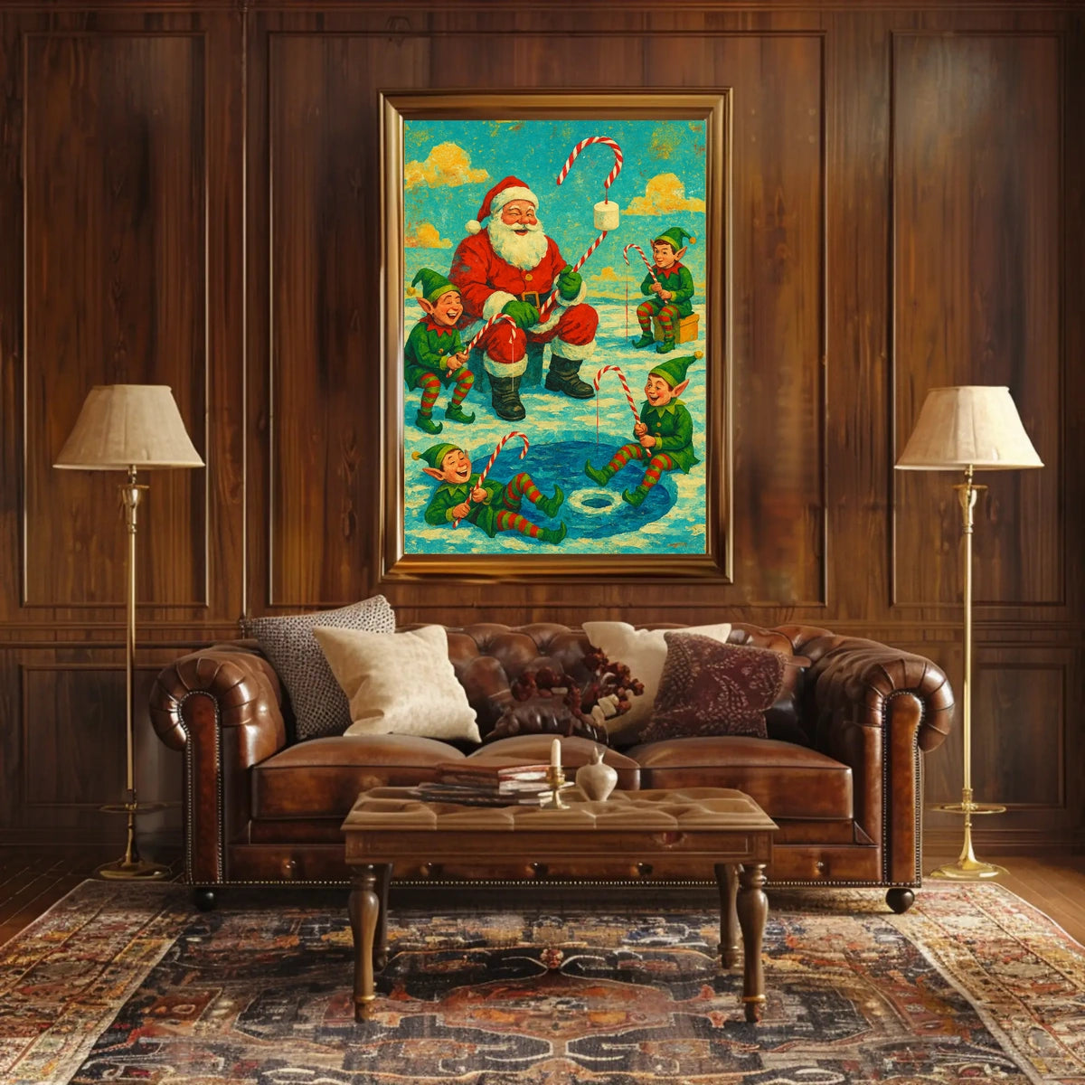 Festive Santa and Elves Vintage Christmas Artistic Poster