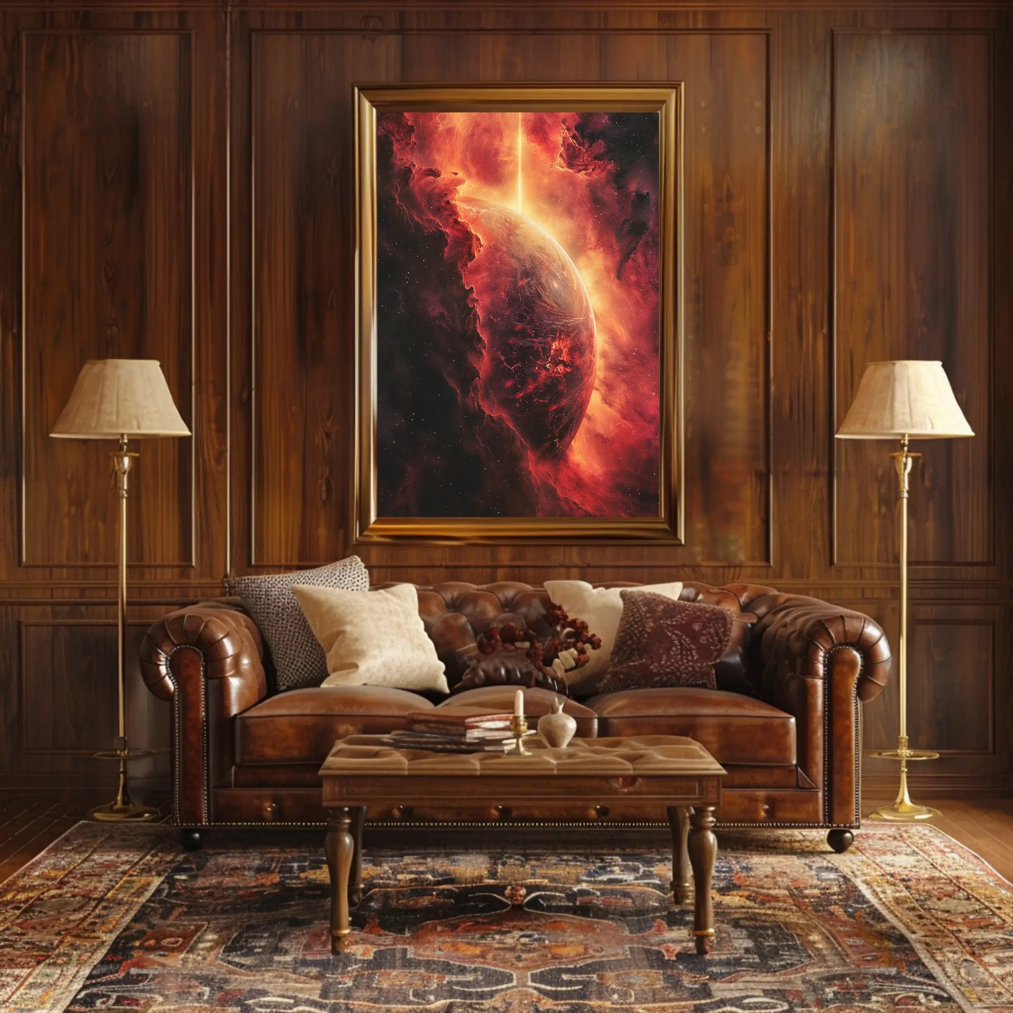 Cosmic Majesty: Fiery Planet in Nebula Poster PosterGoat