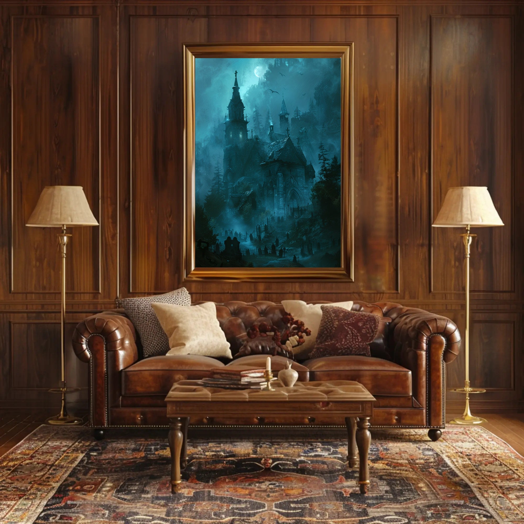 Gothic Church and Graveyard Eerie Landscape Poster PosterGoat