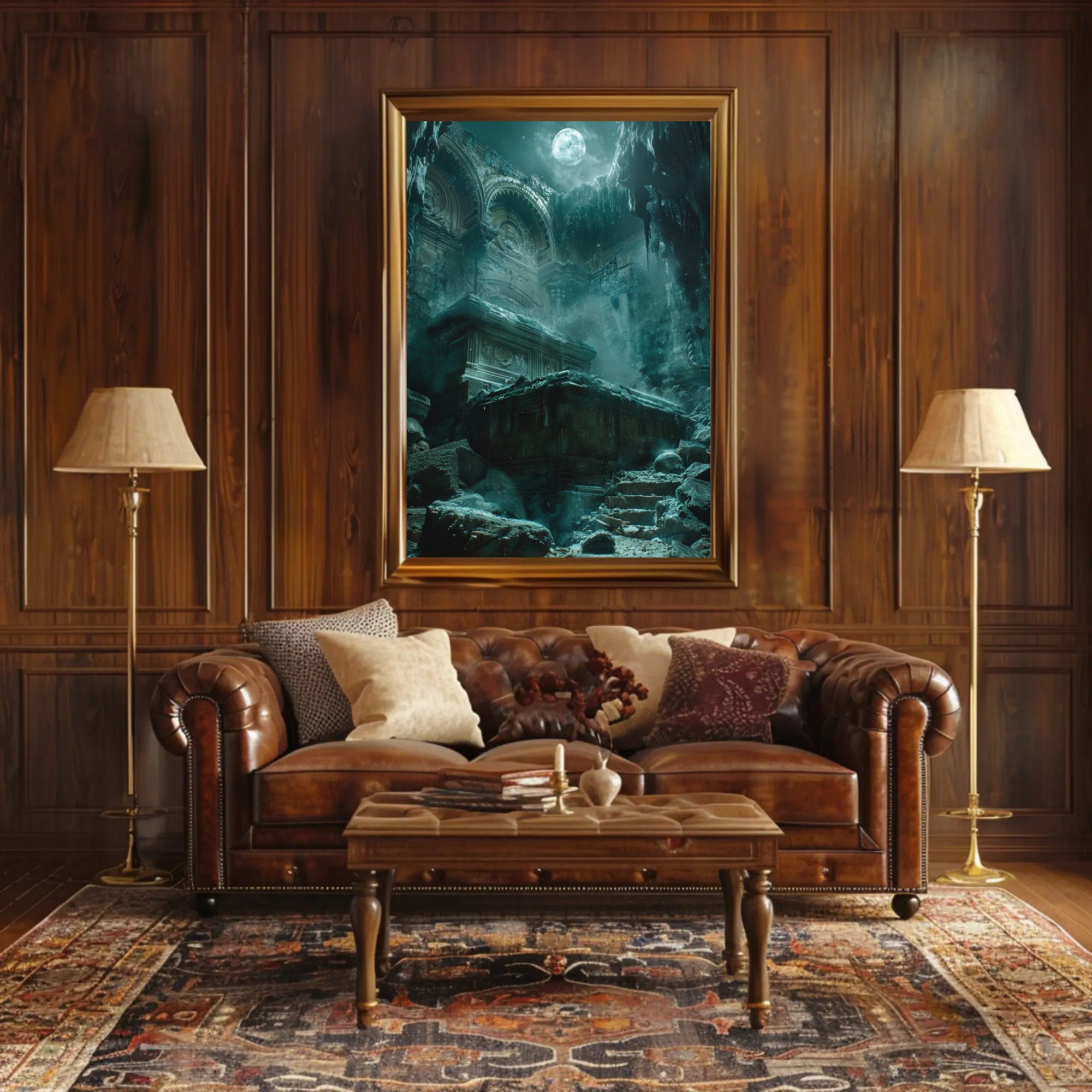 Mystical Temple Under Moonlit Sky Poster Art PosterGoat