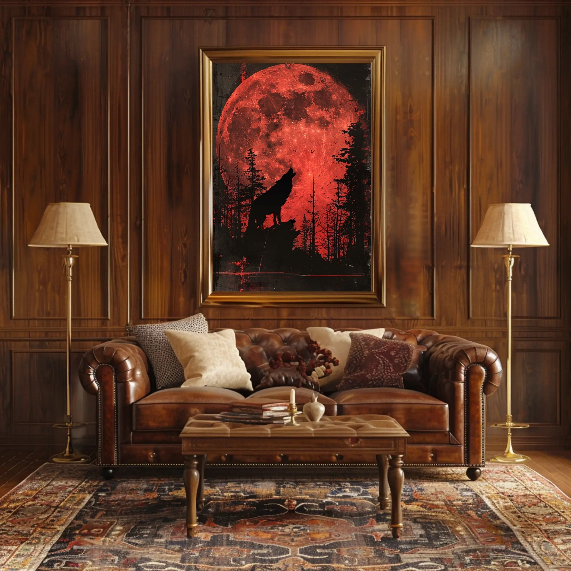 Wolf Howling Under Red Moon Fantasy Poster PosterGoat