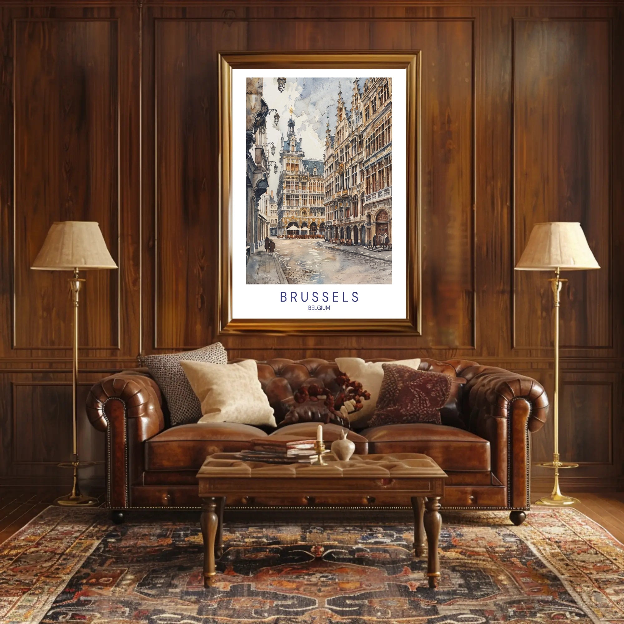 Charming Brussels Street Scene, Watercolor Urban or Cityscape Poster PosterGoat
