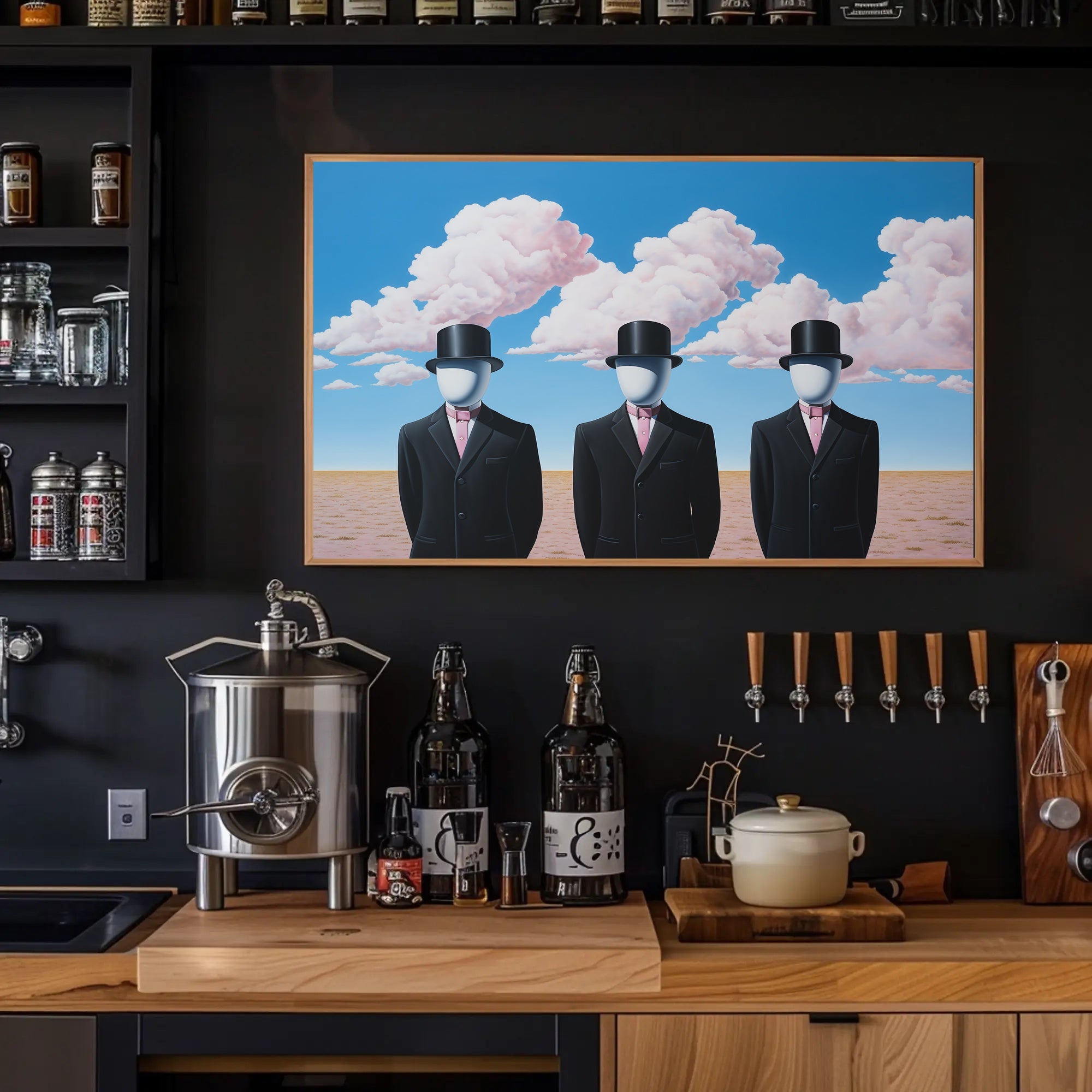 Surreal Faceless Figures in Desert Artistic Poster