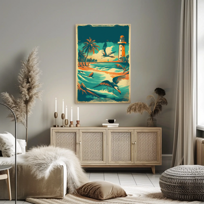 Tropical Coast Lighthouse Ocean Birds Vintage Travel Poster