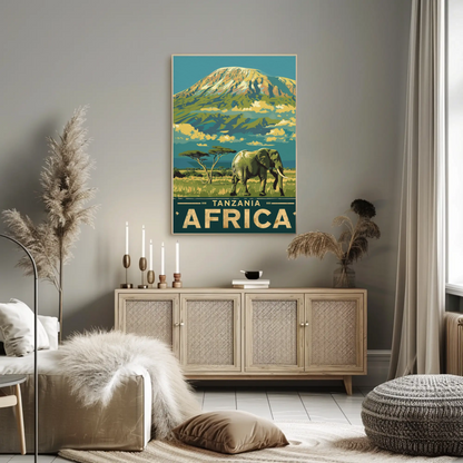 Tanzania Africa Elephant Kilimanjaro Safari Vintage Travel Poster