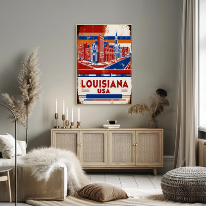 Louisiana USA French Quarter Street Vintage Maroon Travel Poster