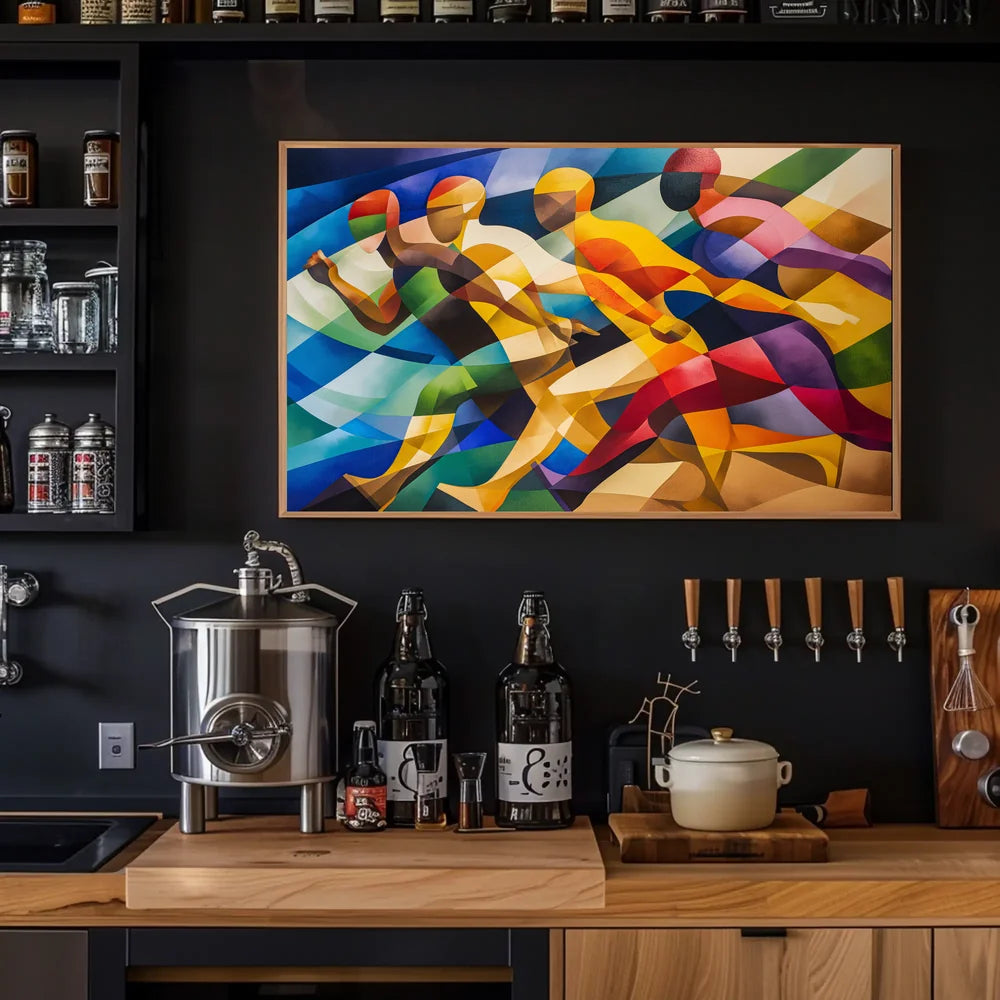 Dynamic Cubist Athletes in Motion Art Poster