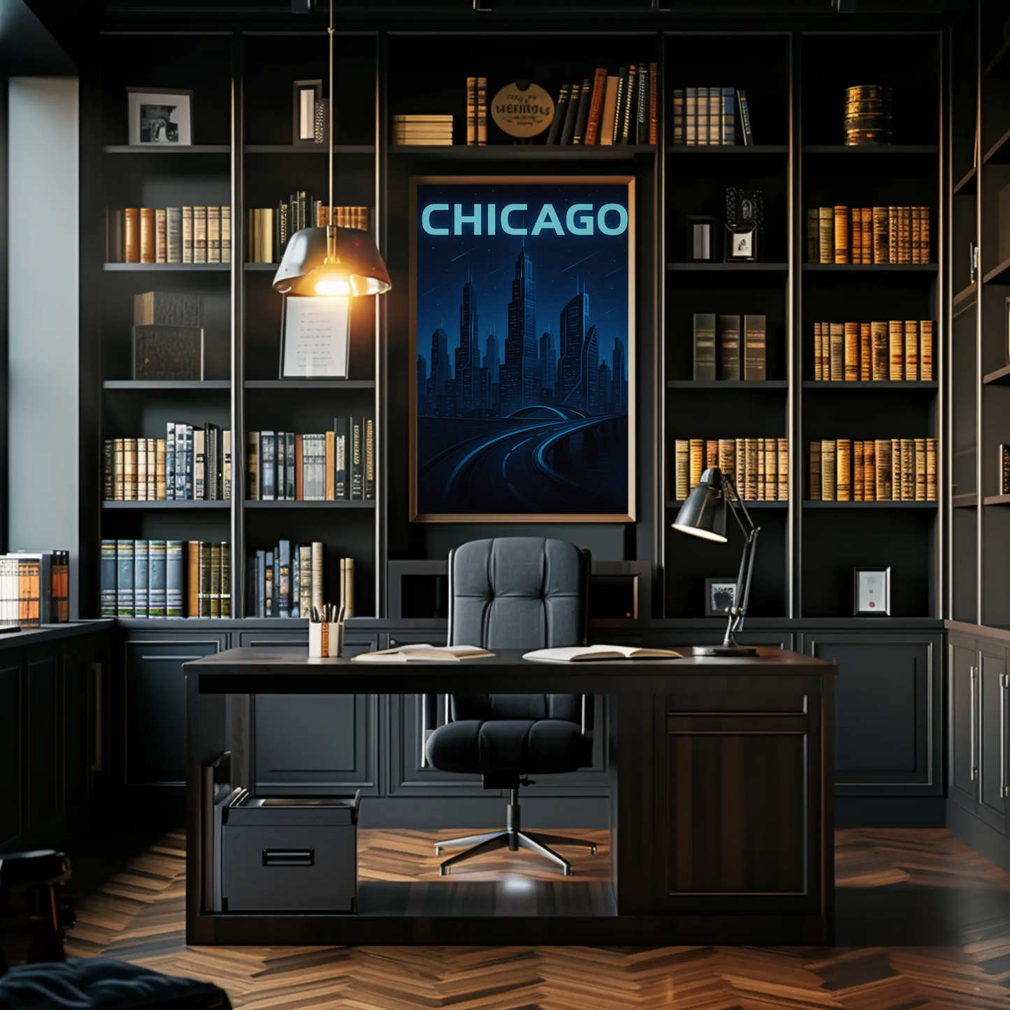 Chicago Futuristic Night Cityscape Blue Lights Travel Poster