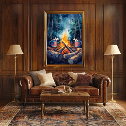 Cozy Campfire Night With American Flag Mugs Outdoor Poster