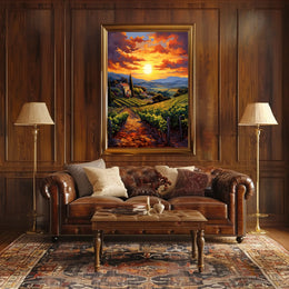 Picturesque Vineyard Landscape With Impressionistic Sunset Artistic Poster