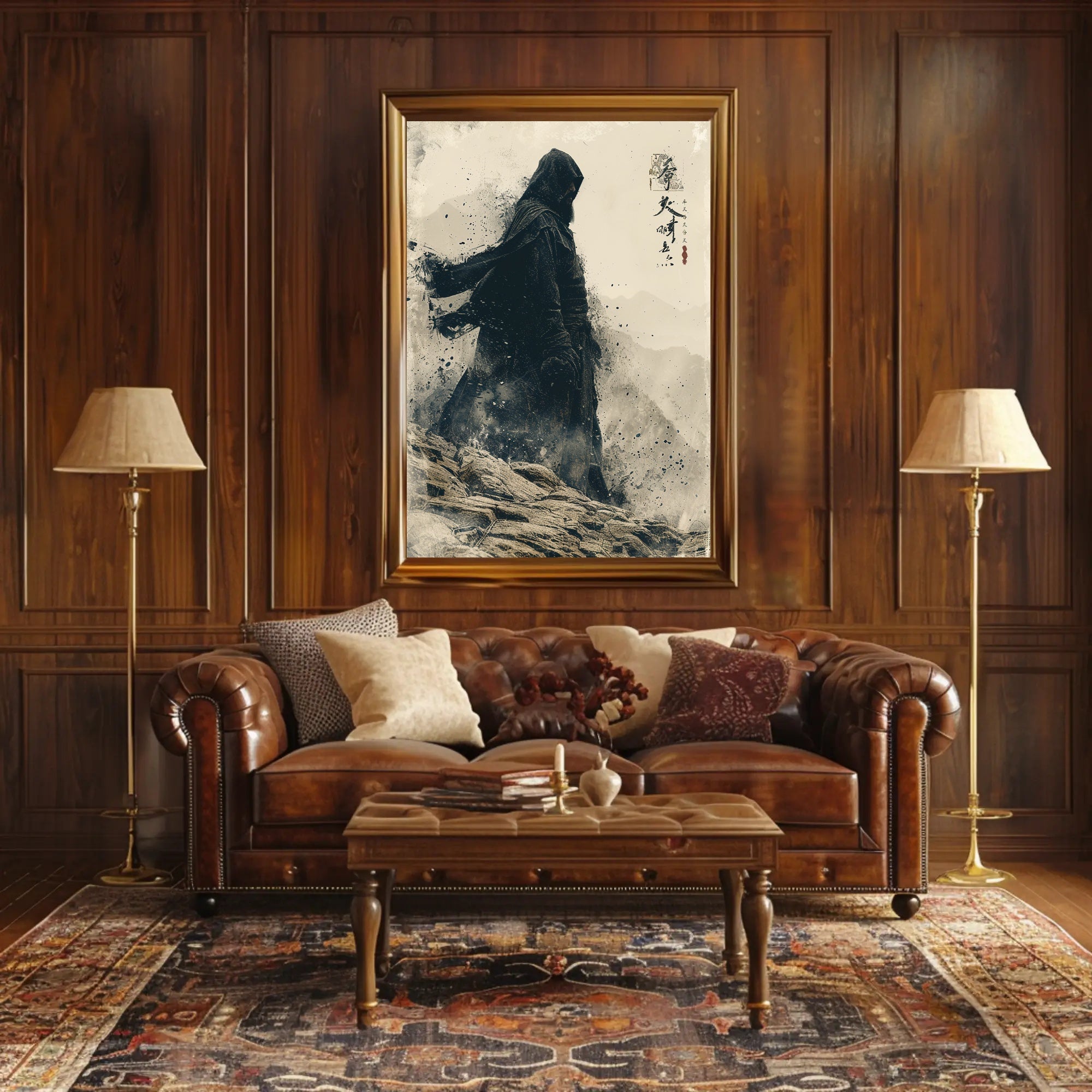 Mystical Hooded Figure in Rugged Landscape Artistic Poster PosterGoat