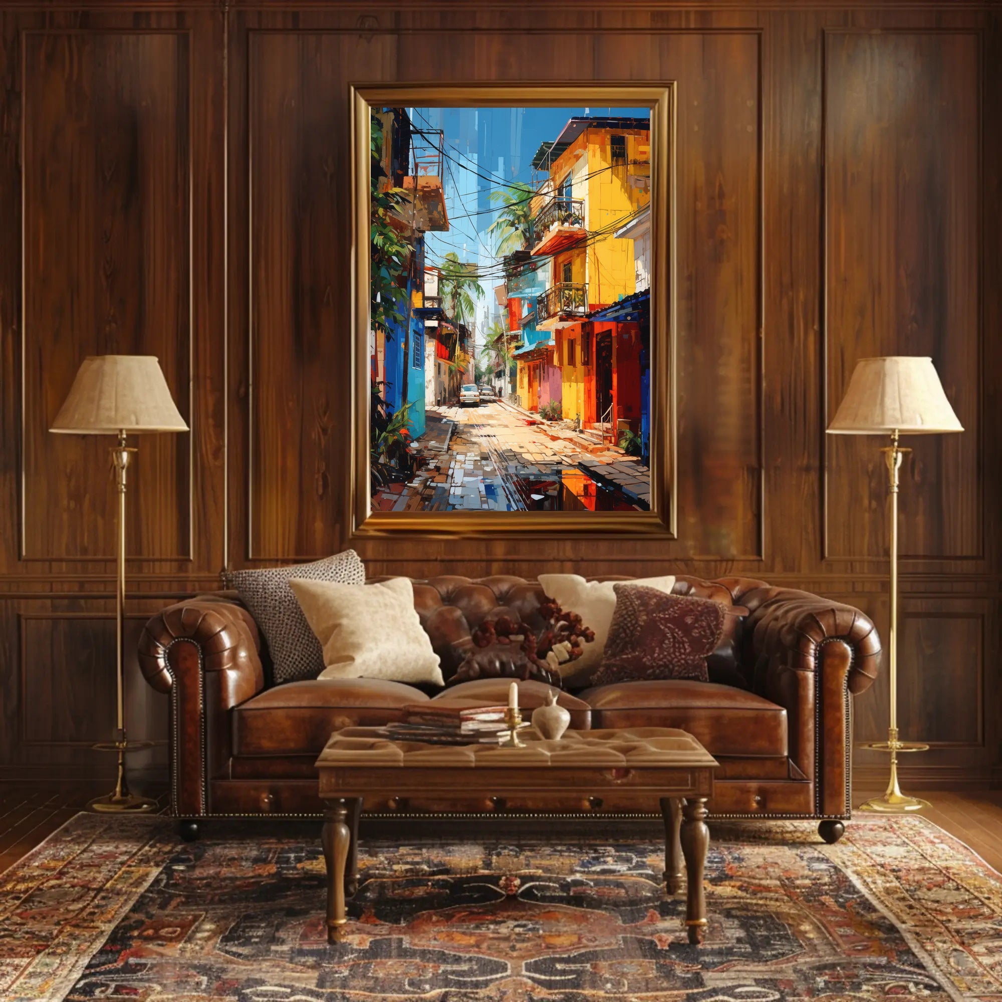 Vibrant Tropical Urban Street Scene Artistic Poster