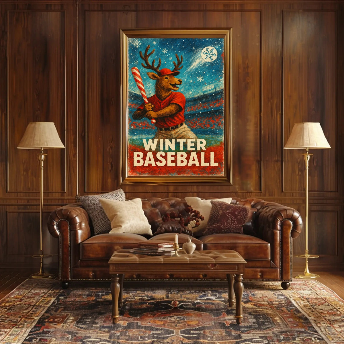 Winter Baseball Deer Poster: Festive Sports Art