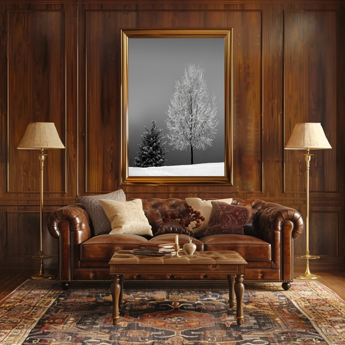 Serene Winter Landscape: Minimalist Black and White Artistic Poster