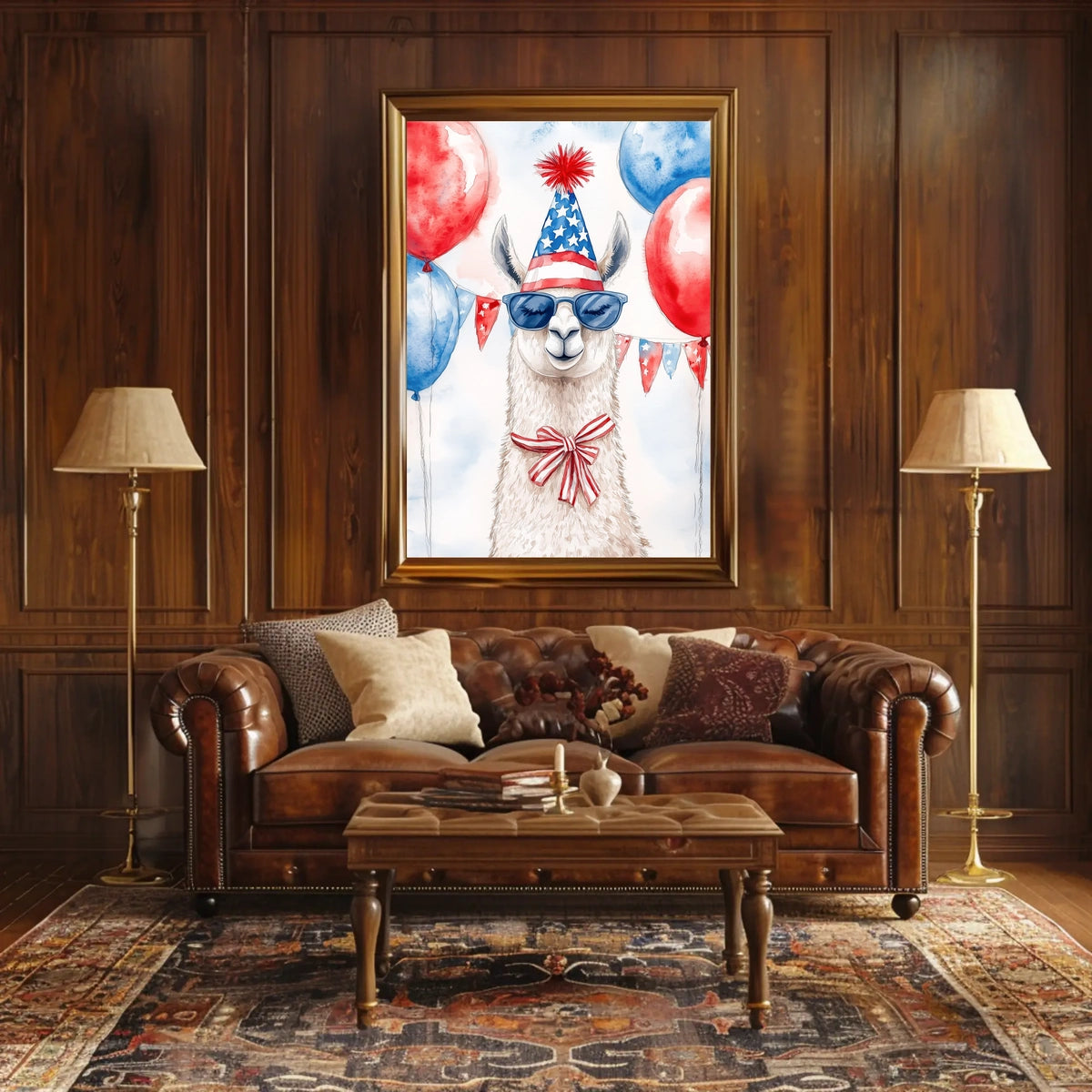 Playful watercolor of a llama wearing a stars and stripes hat and sunglasses standing in front of bunting and balloons in red white and blue Poster