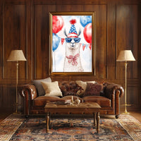Playful watercolor of a llama wearing a stars and stripes hat and sunglasses standing in front of bunting and balloons in red white and blue Poster