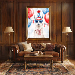 Playful watercolor of a llama wearing a stars and stripes hat and sunglasses standing in front of bunting and balloons in red white and blue Poster