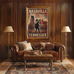 Nashville Guitar Silhouette Vintage Music Cityscape Rustic Texture Nostalgia Folk Art Poster