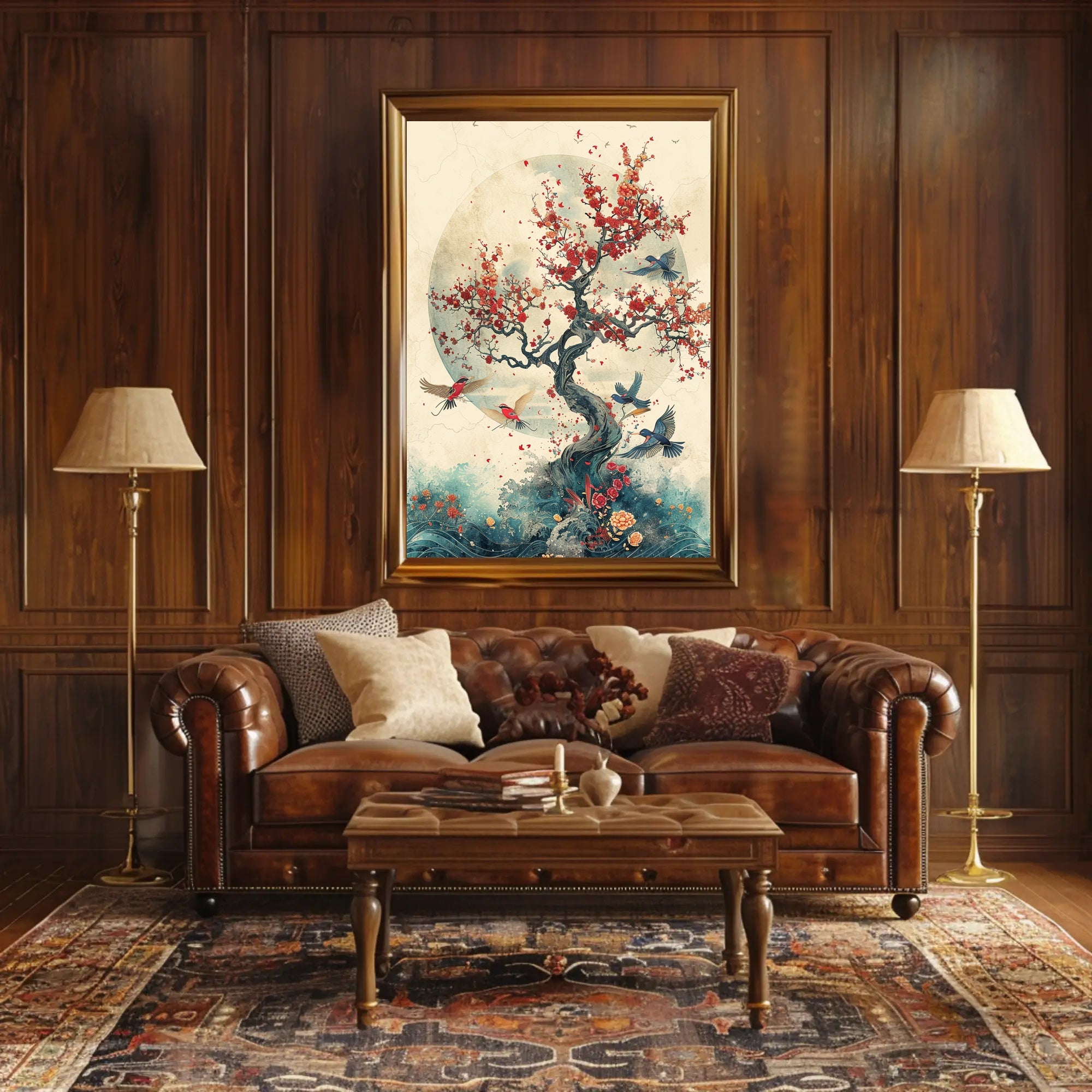 Cherry Blossom Harmony: Birds in Tranquil Flight PosterGoat