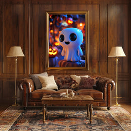 Cute Ghost with Pumpkins: Vibrant Halloween Pop Culture Poster
