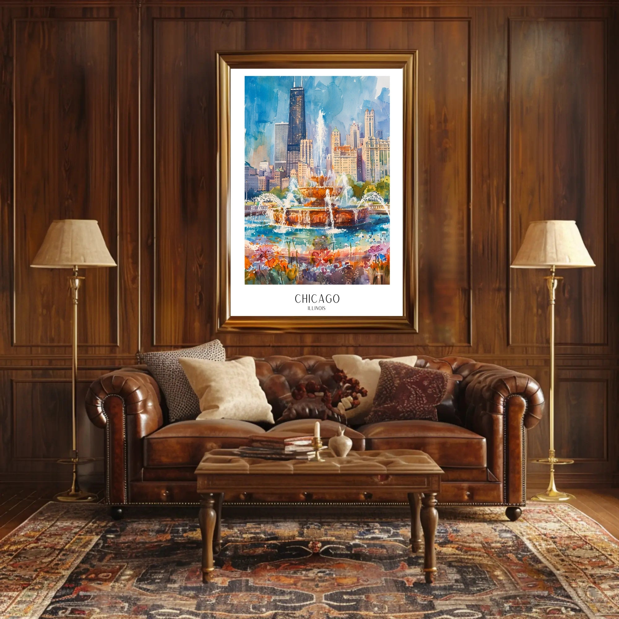 Vibrant Chicago Skyline Watercolor Urban or Cityscape Poster PosterGoat