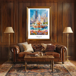 Vibrant Chicago Skyline Watercolor Urban or Cityscape Poster PosterGoat
