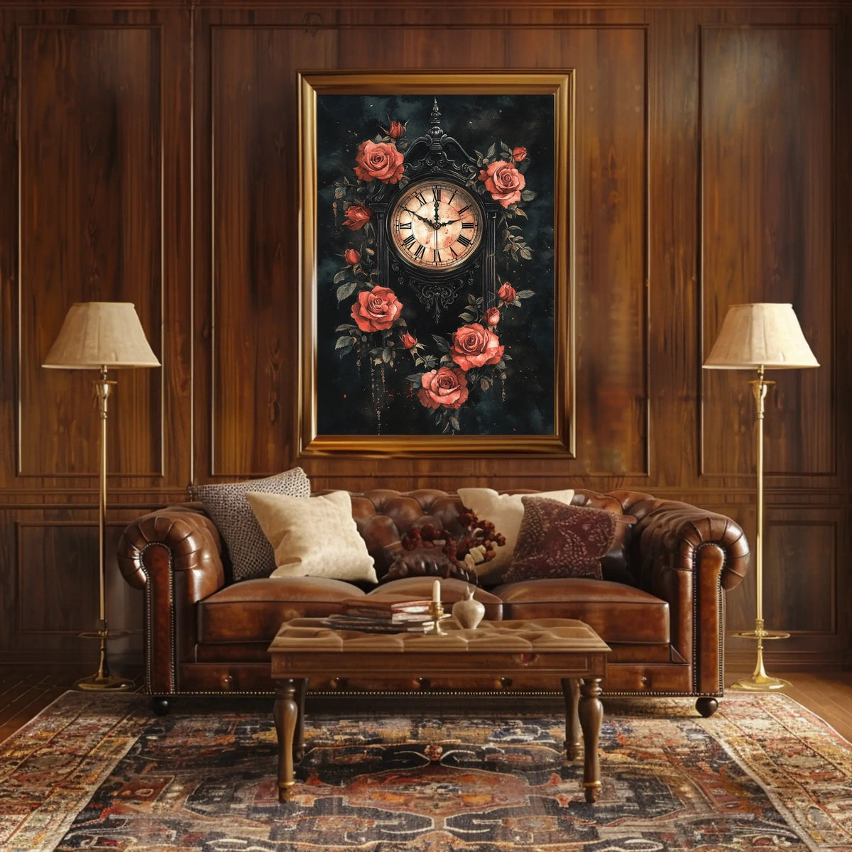 Gothic Victorian Clock with Red Roses Artwork Poster