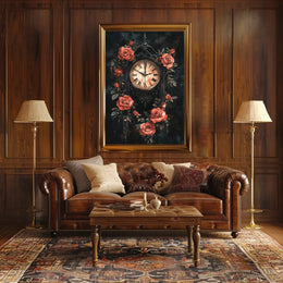Gothic Victorian Clock with Red Roses Artwork Poster